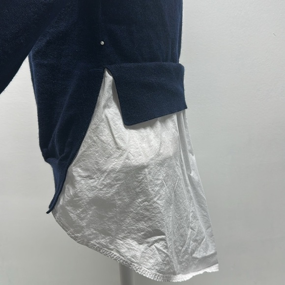 Pearl by Lela Rose Sweater Long Sleeve Wool Knit Layered Poplin Navy Blue XS - Picture 5 of 7